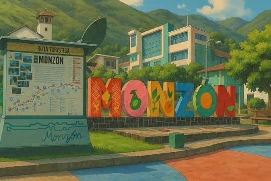 Imagen de la plaza de Monzón con su letrero turístico